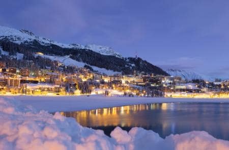 Beautiful snowy town in St. Moritz at night