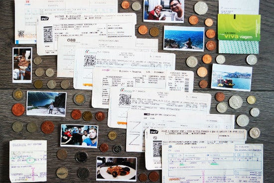 Eurail customer testimonials | Bunch of different national coins, train tickets and beautiful memories in the pictures on the desk