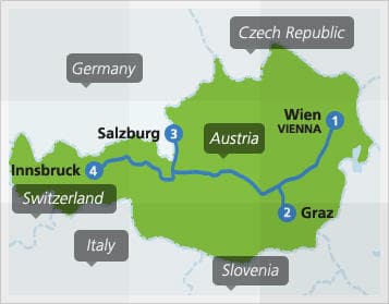 Map with example route in Austria