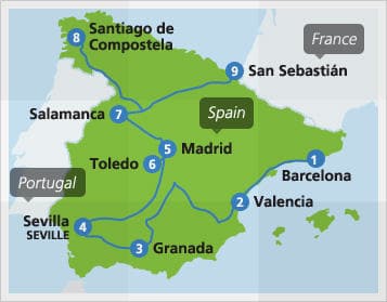 Map with example route in Spain
