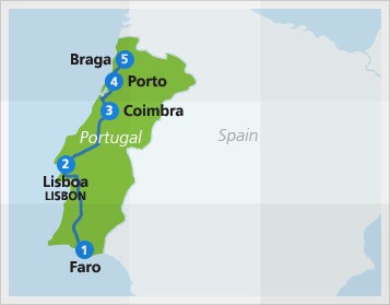 Map with example train route in Portugal
