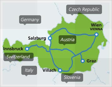 Map with popular domestic routes in Austria